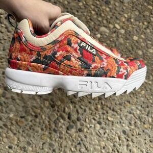 Fila Disruptor 2 Shoes Womens Size 7 Red Floral Corduroy Chunky 5XM01553-101